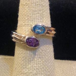 Fluted Sterling Silver Blue Topaz and Amethyst Ring Sz 7.5 - 8.5